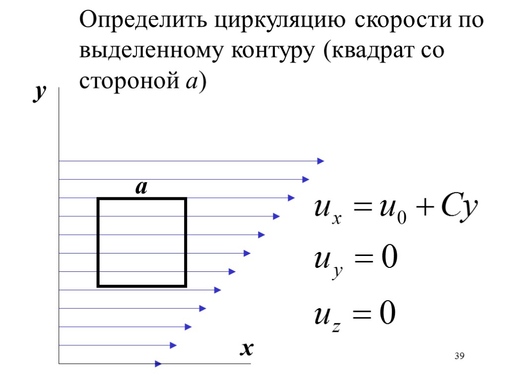 39 а х у Определить циркуляцию скорости по выделенному контуру (квадрат со стороной а)